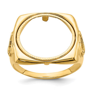 14k Yellow Gold Mens Polished & Diamond-cut Horseshoe Side 16.5mm Coin Bezel Ring - Fits 1/10 oz American Eagle and 1/10 oz Krugerrand