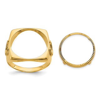 14k Yellow Gold Mens Polished & Diamond-cut Horseshoe Side 16.5mm Coin Bezel Ring - Fits 1/10 oz American Eagle and 1/10 oz Krugerrand