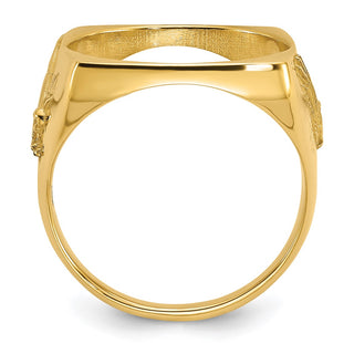 14k Yellow Gold Mens Polished & Diamond-cut Flying Eagle Side Square 16.5mm Coin Bezel Ring - Fits 1/10 oz American Eagle and 1/10 oz Krugerrand