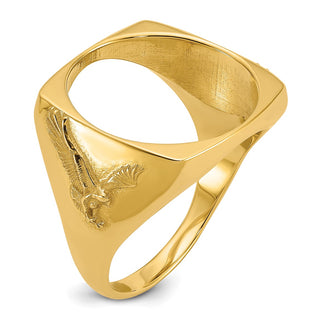 14k Yellow Gold Mens Polished & Diamond-cut Flying Eagle Side Square 16.5mm Coin Bezel Ring - Fits 1/10 oz American Eagle and 1/10 oz Krugerrand