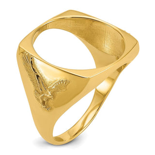 10k Yellow Gold Mens Polished and Diamond-cut with Flying Eagle Sides Square Shaped 16.5mm Coin Bezel Ring - Fits 1/10 oz American Eagle and 1/10 oz Krugerrand