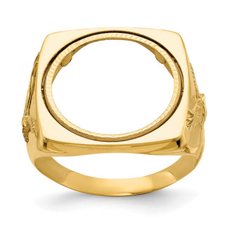 14k Yellow Gold Mens Polished & Diamond-cut Flying Eagle Side Square 16.5mm Coin Bezel Ring - Fits 1/10 oz American Eagle and 1/10 oz Krugerrand