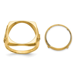 10k Yellow Gold Mens Polished and Diamond-cut with Flying Eagle Sides Square Shaped 16.5mm Coin Bezel Ring - Fits 1/10 oz American Eagle and 1/10 oz Krugerrand