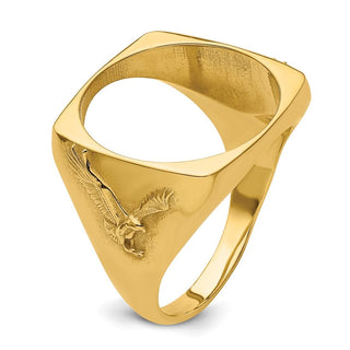 10k Yellow Gold Mens Polished with Flying Eagle Sides Square Shaped 16.5mm Coin Bezel Ring - Fits 1/10 oz American Eagle and 1/10 oz Krugerrand