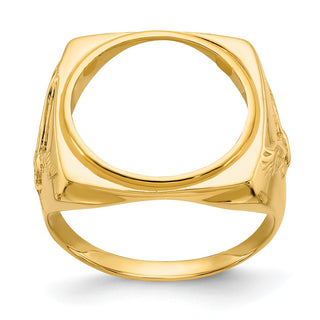 14k Yellow Gold Mens Polished Flying Eagle Side Square 16.5mm Coin Bezel Ring - Fits 1/10 oz American Eagle and 1/10 oz Krugerrand