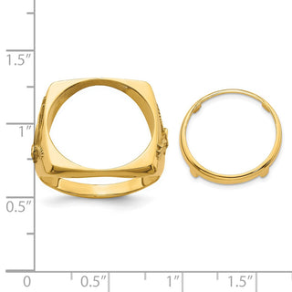 14k Yellow Gold Mens Polished Flying Eagle Side Square 16.5mm Coin Bezel Ring - Fits 1/10 oz American Eagle and 1/10 oz Krugerrand