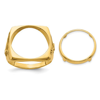 14k Yellow Gold Mens Polished Flying Eagle Side Square 16.5mm Coin Bezel Ring - Fits 1/10 oz American Eagle and 1/10 oz Krugerrand
