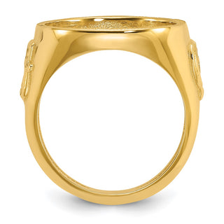 14k Yellow Gold Mens Polished Masonic Side Diamond-cut 16.5mm Coin Bezel Ring
