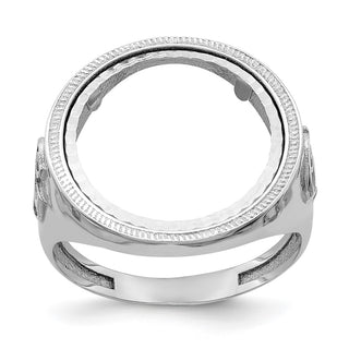14k White Gold Mens Polished Masonic Side Diamond-cut 16.5mm Coin Bezel Ring