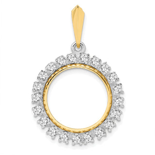 14k Two-tone Gold AAA Diamond 16.5mm Prong Coin Bezel Pendant - Fits 1/10 oz American Eagle and 1/10 oz Krugerrand