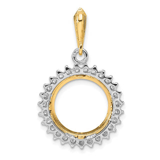 14k Two-tone Gold Polished and Diamond-cut AAA Diamond Circle 14.0mm Prong Coin Bezel Pendant