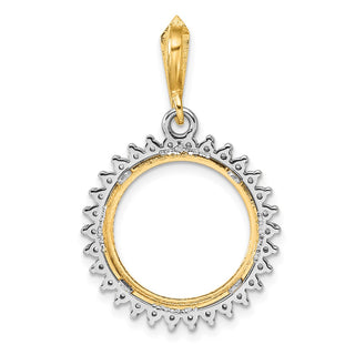 14k Two-tone Gold Polished and Diamond-cut AAA Diamond Circle 16.0mm Prong Coin Bezel Pendant