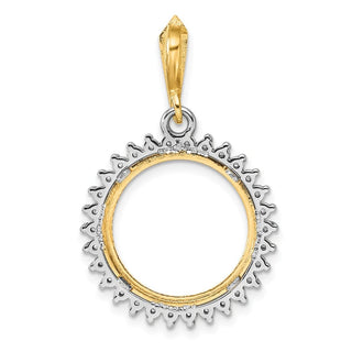 14k Two-tone Gold Polished and Diamond-cut AA Diamond Circle 16.0mm Prong Coin Bezel Pendant