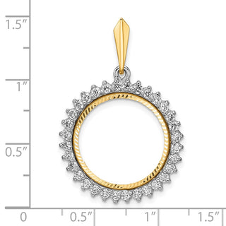 14k Two-tone Gold Polished and Diamond-cut A Diamond Circle 17.8mm Prong Coin Bezel Pendant