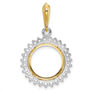 14k Two-tone Gold AAA Diamond Circle 14mm Prong Coin Bezel Pendant - Fits 1/20 oz Maple Leaf and Other Coins