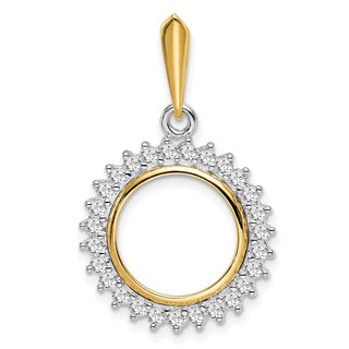14k Two-tone Gold AAA Diamond Circle 14mm Prong Coin Bezel Pendant - Fits 1/20 oz Maple Leaf and Other Coins