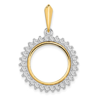 14k Two-tone Gold AAA Diamond Circle 16mm Prong Coin Bezel Pendant - Fits 1/10 oz Maple Leaf, Maple Leaf, and Other Coins