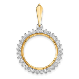 14k Two-tone Gold AAA Diamond Circle 17.8mm Prong Coin Bezel Pendant - Fits US $2.50 Liberty and Other Coins
