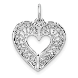 14K White Gold Solid Diamond-cut Fancy Filigree Heart Charm