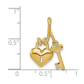 14k Yellow Gold Polished Key Tied To Heart Lock Charm