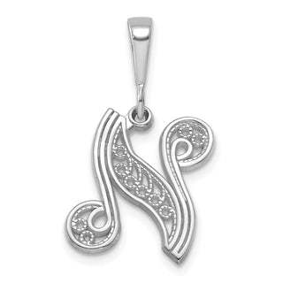 14K White Gold Solid Polished Filigree Initial N Pendant