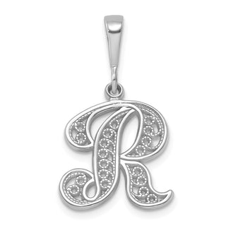 14K White Gold Solid Polished Filigree Initial R Pendant
