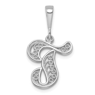 14K White Gold Solid Polished Filigree Initial T Pendant