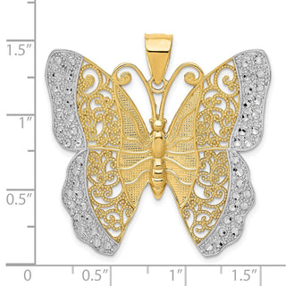 14k Yellow Gold And Rhodium Solid Polished Shiny-Cut Filigree Butterfly Pendant