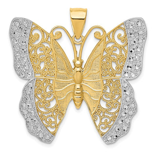 14k Yellow Gold And Rhodium Solid Polished Shiny-Cut Filigree Butterfly Pendant