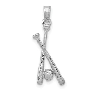 14k White Gold Polished Open-Backed Bats and Ball Baseball Pendant