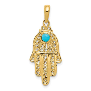 14k Yellow Gold Simulated Turquoise Filigree Chamseh Pendant