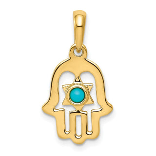 14k Yellow Gold Simulated Turquoise Chamseh Pendant