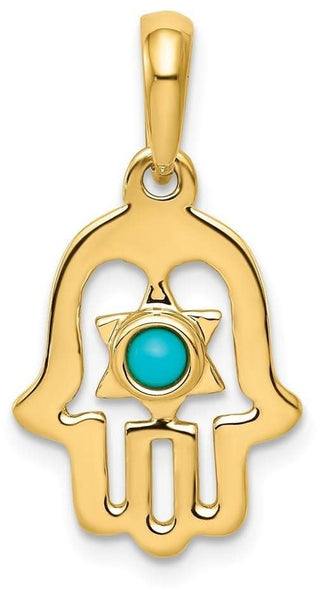 14k Yellow Gold Simulated Turquoise Chamseh Pendant