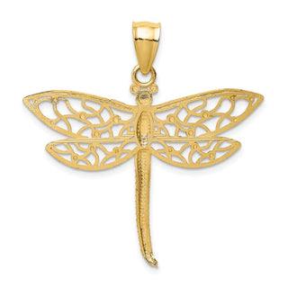 14k Yellow Gold Diamond-cut Fancy Dragonfly w/Cutout Wings Pendant