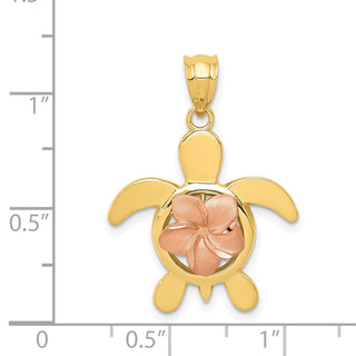 14k Yellow and Rose Gold Plumeria Flower Turtle Pendant
