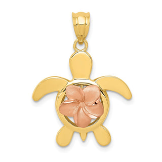 14k Yellow and Rose Gold Plumeria Flower Turtle Pendant
