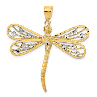 14k Yellow and White Gold Diamond-cut Filigree Dragonfly Pendant