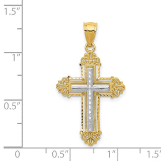 14k Yellow Gold and Rhodium Fleur De Lis Cross Pendant