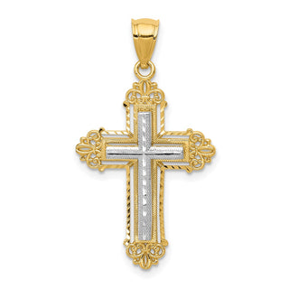 14k Yellow Gold and Rhodium Fleur De Lis Cross Pendant