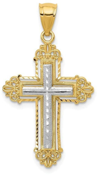14k Yellow Gold and Rhodium Fleur De Lis Cross Pendant