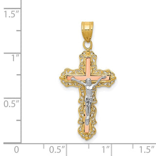 14k Yellow, White and Rose Gold Diamond-Cut Crucifix Pendant D3644