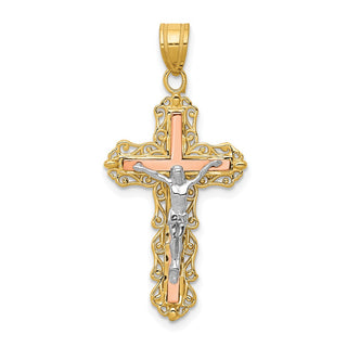 14k Yellow, White and Rose Gold Diamond-Cut Crucifix Pendant D3644