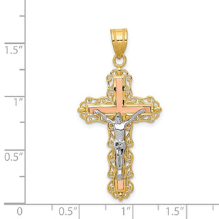14k Yellow, White and Rose Gold Diamond-Cut Crucifix Pendant D3645
