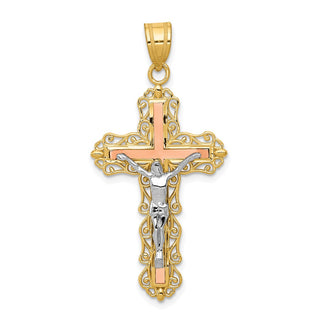 14k Yellow, White and Rose Gold Diamond-Cut Crucifix Pendant D3645