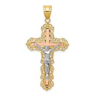14k Yellow, White and Rose Gold Diamond-Cut Crucifix Pendant D3646