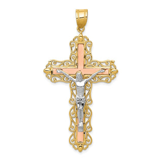14k Yellow, White and Rose Gold Diamond-Cut Crucifix Pendant D3647