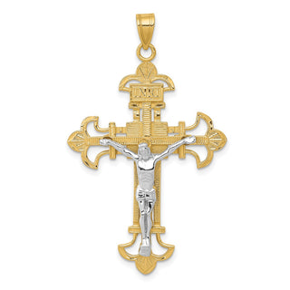 14k Yellow and White Gold Inri Fleur De Lis Crucifix Pendant D3672