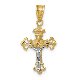 14k Yellow and White Gold Inri Fleur De Lis Crucifix Pendant D3675