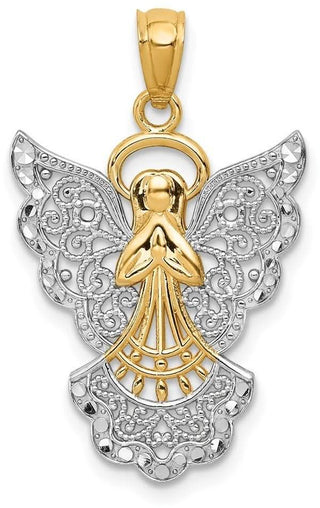 14k Yellow Gold and Rhodium Filigree Angel Pendant D3720