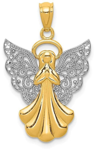 14k Yellow Gold and Rhodium Filigree Angel Pendant D3721
